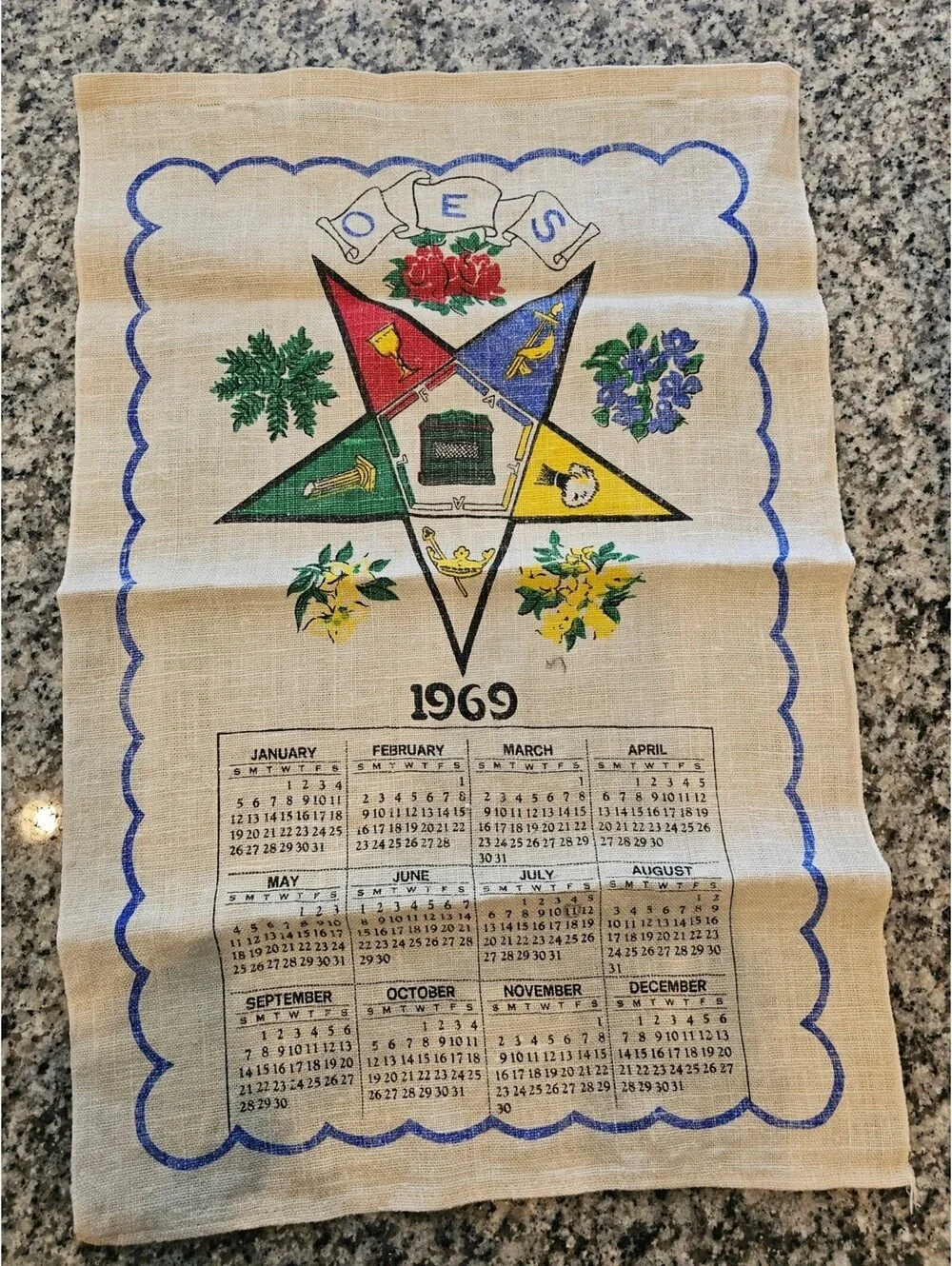 1969 Order of the Eastern Star Masonic Fabric Stevens Towel Linen Calendar